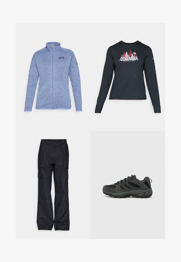 Svetr iz svetlo modrega flisa z visokim ovratnikom, polno zadrgo na sprednji strani, kontrastno zadrgo in majhnim logotipom na prsih. Mehka tekstura in prilegajoča se oblika.; Majica z dolgimi rokavi temno siva z grafiko rdečih dreves in gora; logotip "COLUMBIA" v krepki beli barvi. Mehka tkanina, standarden krojen ovratnik.; Columbia BREA FALLS™ COTTON RIPSTOP PANT - Hlače za na prostem - black; Columbia REDMOND - Pohodniški čevlji - black/citron haze