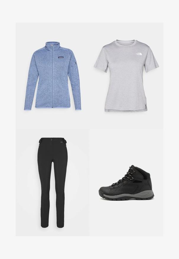 Világoskék fleece dzseki magas nyakkal, teljes cipzárral, kontrasztos cipzárral és egy kis logóval a mellkason. Puha tapintású és testhezálló kialakítású.; Szürke, rövid ujjú póló, puha, nedvességet elvezető anyagból készült. Kerek nyakú, és egy kis fehér logó található a bal felső részen.; Fekete, testhezálló nadrág rugalmas anyagból. Jellemzők: cipzáras oldalzseb, artikulált térdek és sima felület.; Fekete túracipő közepes magasságú kialakítással, texturált felsőrésszel, szürke részletekkel és strapabíró gumitalppal, amelynek tapadós kiemelkedései vannak.