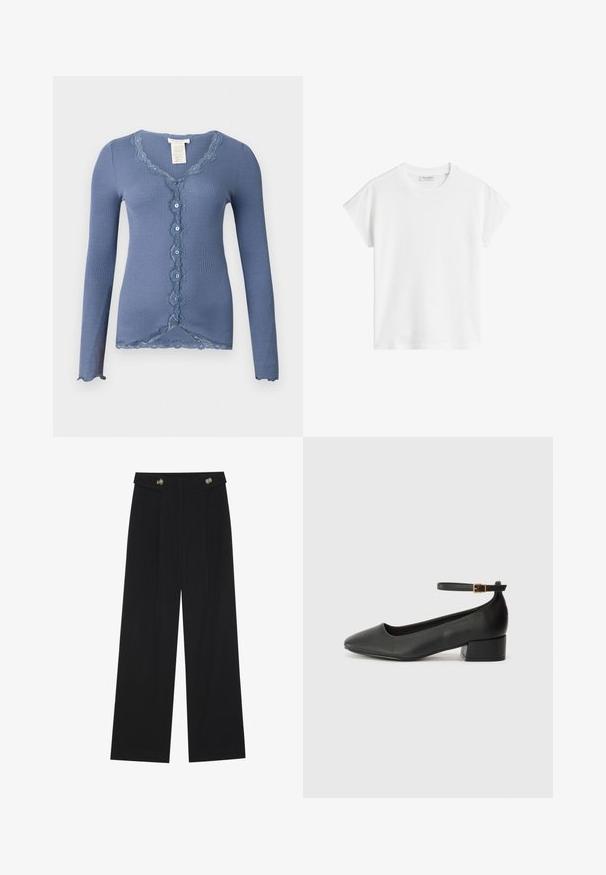 Cardigan azul de mangas longas com padrão canelado, decorado com rendas ao longo do decote e da pala de botões, apresentando botões decorativos e bainha ondulada.; T-shirt branco de manga curta feito de algodão. Apresenta um corte descontraído com decote redondo e costuras de ombro ligeiramente caídas. Sem padrões ou detalhes.; Calças largas pretas com cintura alta, detalhes em botão na cintura e pregas frontais.; Sandal de pele preta com bico pontiagudo e um salto bloco baixo. Apresenta uma tira no tornozelo com uma fivela em tom dourado. Textura suave.