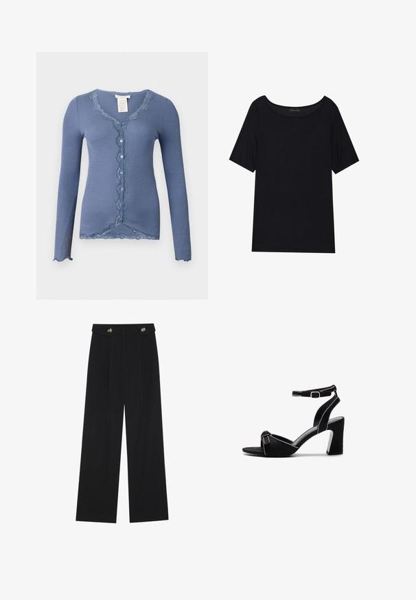 Blå ribbad långärmad kofta med spetsdetaljer längs nacken och knappraden, prydd med dekorativa knappar och vågig fåll.; Svart kortärmad T-shirt med bred rund halsringning. Tillverkad av mjukt, lätt tyg. Enkelt design utan mönster eller dekorationer.; Svarta vida byxor med hög midja, knäppdetaljer i midjan och framfickor.; Svarta mocka klacksandaler med bred blockklack, justerbart ankarsnöre, öppen tå-design och kontrasterande sömnadsdetaljer.