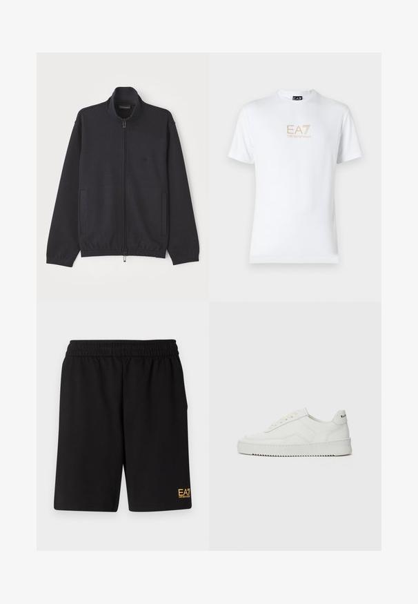Zipsová námorníková bunda vyrobená z textúrovanej tkaniny, s vystavaným golierom, dvoma bočnými vreckami a jemným logom na hrudníku.; Biela bavlnená tričko s okrúhlym výstrihom a krátkymi rukávmi, na prednej strane s potlačou zlatého loga EA7 Emporio Armani.; Čierne športové šortky vyrobené z jemného materiálu, s elastickým pásom a malým žltým logom EA7 na dolnej ľavej nohe.; Biele kožené tenisky s hladkým povrchom, okrúly špičkový dizajn, ploché šnúrky a textúrovaná podrážka. Obsahujú jemné logo na päte.