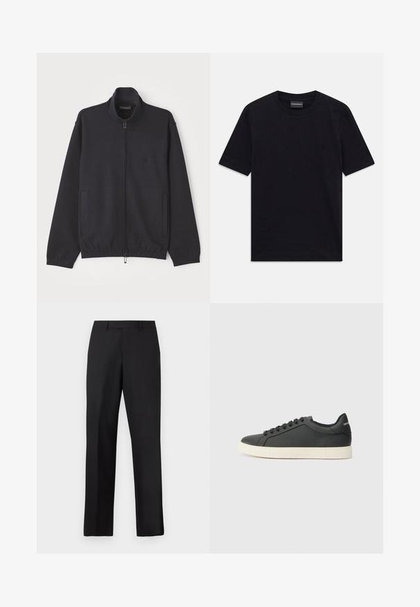 Zipped navy jacket made of textured fabric, featuring a stand collar, two side pockets, and a subtle logo on the chest.; Black short-sleeve crew neck T-shirt with subtle embossed pattern and brand label inside collar, laid flat on white background.; Black, straight-leg trousers made of smooth fabric. Features a standard waistband and no visible patterns or accents.; Black leather sneaker with a low profile, rounded toe, and lace-up closure; features a textured rubber sole and logo detail on the heel.