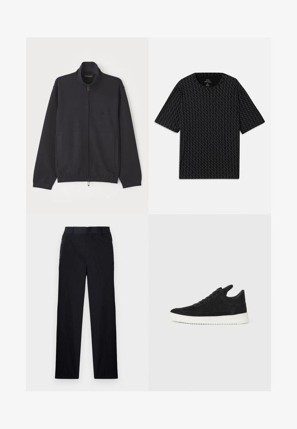 Džinsinis tamsiai mėlynas džemperis, pagamintas iš tekstūruotos medžiagos, su stovimu apykakle, dviem šoninėmis kišenėmis ir subtiliu logotipu krūtinėje.; Juodas marškinėliai su tekstūruotu pakaitinių 'A' logotipų raštu, trumpomis rankovėmis ir apvalia iškirpte. Pagaminti iš lengvos medžiagos.; Juodos kelnės, pagamintos iš lengvos tekstūruotos medžiagos, tiesaus silueto, su elastingu juosmeniu ir šoniniais užtrauktukų kišenėmis.; Juodų suede sportbačių su balta gumine padu, su toniniais siuvinėjimais ir raištelių užsegimu. Sklandus paviršius su šiuolaikine, laiko forma.