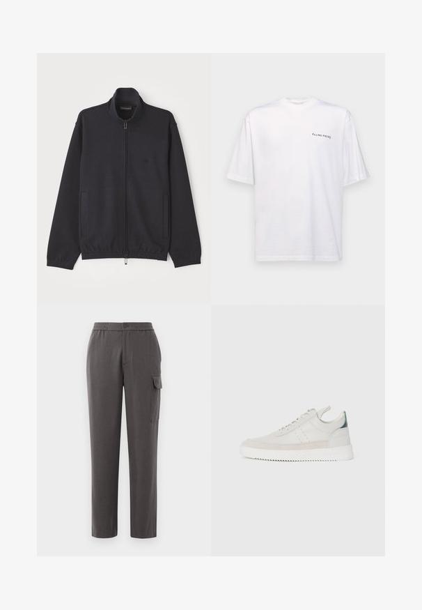 Navy jakke med glidelås laget av teksturert stoff, med ståkrage, to sidelommer og en subtil logo på brystet.; Hvit kortermet t-skjorte i bomull med v-hals, med en svart "FILLING PIECES" logo trykt på venstre side.; Grå bukser med avslappet passform, laget av et glatt stoff. Har knappelukking, sidelommer og en cargo-lomme på benet.; Hvite lær sneakers med grå semsket skinndetaljer, snøring, bånd for å dra opp, og en teksturert gummisåle med en sikksakk-mønster.