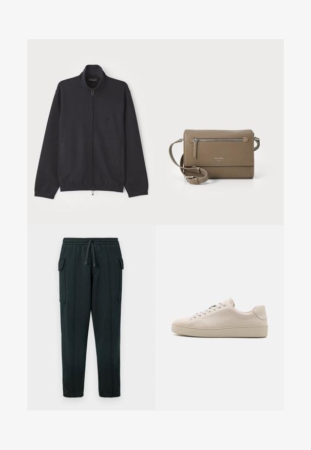 Navy jakna sa patentnim zatvaračem napravljena od teksturiranog materijala, s uzdignutim ovratnikom, dva bočna džepa i suptilnim logotipom na prsima.; Zelena pamučna majica s okruglim izrezom i kratkim rukavima, s malim crnim logotipom na lijevoj strani prsa. Glatke teksture, ležerni kroj.; Crne trenirka hlače s vezicom u struku, bočnim džepovima, detaljem džepa na bočnoj strani i vidljivim šavovima. Mekani materijal s opuštenim krojem.; Bež kožne tenisice s glatkom završnom obradom, ovalnim vrhom, ravnim potplatom i klasičnim dizajnom s vezanjem. Suptilni detalji šivanja i teksturirani potplat.; Taupe kožna crossbody torba s prednjim džepom na zatvarač, podesivim remenom, reljefnom teksturom i urezanim logotipom sprijeda.
