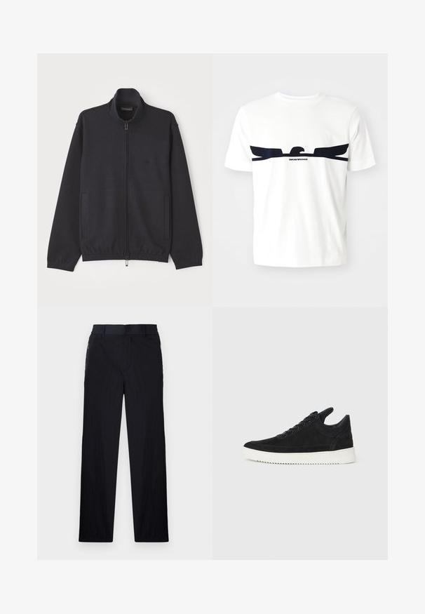 Navy jakna sa patentnim zatvaračem napravljena od teksturiranog materijala, s uzdignutim ovratnikom, dva bočna džepa i suptilnim logotipom na prsima.; Bijela pamučna majica s grafikom orla u tamnoplavoj boji i natpisom "EMPORIO ARMANI" ispod dizajna. Kratki rukavi i okrugli izrez.; Crne hlače od lagane, teksturirane tkanine, ravnog kroja, s elastičnom gumicom u struku i bočnim džepovima sa zatvaračem.; Crne nubuk tenisice s bijelim gumenim potplatom, s toniranim šavovima i dizajnom vezanja. Glatka tekstura s modernim, strujnim oblikom.