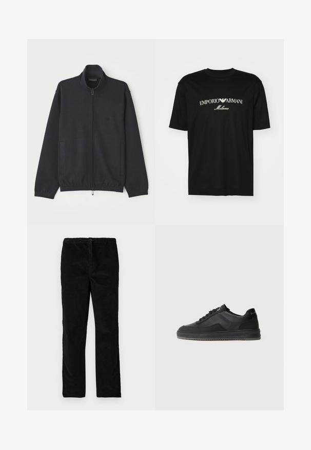Casaco azul-marinho com fecho éclair, feito de tecido texturizado, com gola alta, dois bolsos laterais e um logótipo discreto no peito.; T-shirt de algodão preta com gola redonda, mangas curtas e o logo "EMPORIO ARMANI" em branco acima de "Milano" num design curvo.; Calças de veludo pretas de pernas retas com cintura elástica e cordão frontal, exibidas contra um fundo branco liso.; Sneaker preto com cabedal em couro liso, detalhes texturizados, atacadores planos e sola de borracha com padrão de cravos em ziguezague.