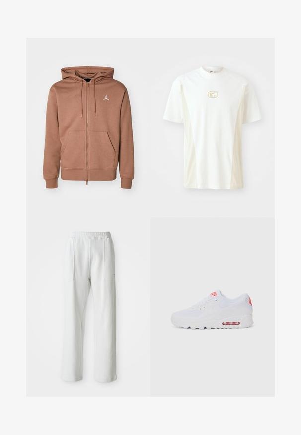 Brun zip-up hættetrøje lavet af blødt stof, med en kængurulomme, justerbar snorhætte og et hvidt logo på brystet.; Kortærmet t-shirt med rund hals i hvid og lysebeige. Har et lille guld Nike-logo på brystet og en glat bomuldsstruktur.; Hvide afslappede bukser med en elastisk talje og store forreste lommer, vist på en ensfarvet lys baggrund.; Hvide atletiske sneakers med en glat overdel, snørebåndslukning, polstret sål og en synlig luftenhed med røde akcenter på brandingen.