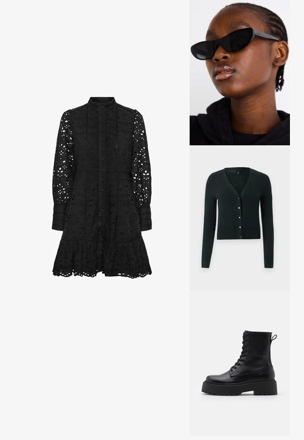 Tumši zaļš adīts kardigāns ar V veida kakla izgriezumu, garām piedurknēm un dekoratīvām pogām priekšā. Tam ir ribota tekstūra un pieguļošs dizains.; Melna izšūta kleita ar augstu apkakli, pogu priekšējo daļu, garām piedurknēm un viļņotu apakšmalu. Satur izgriezumus ar ziedu un ģeometriskām rakstām.; Melni ādas potītēm zābaki ar apļveida purngalu, auklām priekšpusē un biezu gumijas zoli ar teksturētu protektoru. Velkšanas cilpa aizmugurē.; Melnas kaķa acs saulesbrilles ar matētu apdari, kas izceļas ar elegantu dizainu un maigi izliektiem stūriem, fona attēlā ir modelis ar tumšām drēbēm.