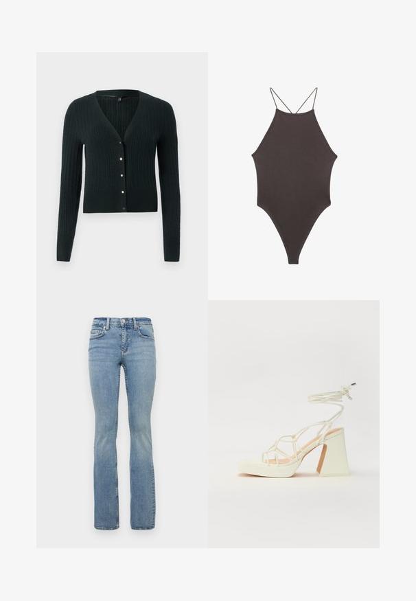 Tmavozelený pletený cardigan s výstrihom do V, dlhými rukávmi a dekoračnými gombíkmi vpredu. Obsahuje rebrovanú textúru a priliehavý strih.; Hnedé, vysoký krk jednodielne plavky s tenkými, nastaviteľnými ramienkami; s vysokým strihom na nohách a hladkým povrchom. Bez vzorov alebo ozdôb.; Svetlomodré riflové zvonové nohavice s stredne vysokým pásom, s piatimi vreckami, pútkami na opasok a jemným vyblednutím na stehnách.; Biele sandále na vysokom opätku s hrubým podpätkom, s pruhovaným dizajnom a viazaním na členku. Hladký povrch s platformou vpredu pre zvýšenú výšku.