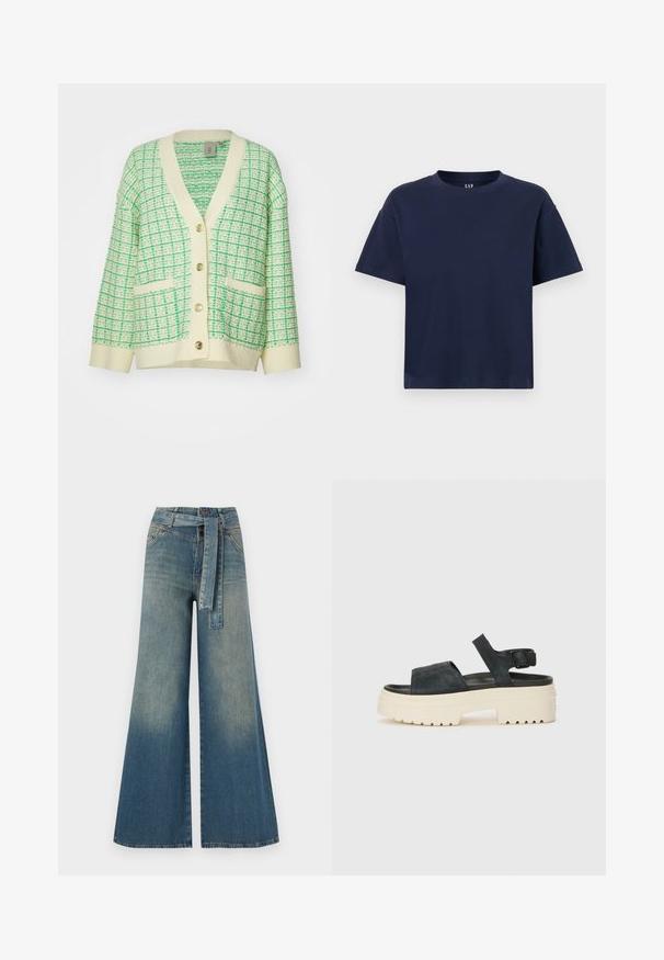Grønn og kremfarget cardigan med et strukturert ruter-mønster, med V-hals, fem gullknapper og to frontlommer.; Marineblå bomull T-skjorte med rund hals og korte ermer, med en avslappet passform og minimalistisk design. Ingen mønstre eller detaljer.; Bredde ben jeans med en lyseblå til mørkeblå gradient, høyt liv, beltehemper og et matchende belte i samme stoff. Teksturert denimoverflate.; Sorte semsket platåsandaler med en kraftig hvit såle, bred fremre stropp og justerbar ankelspenne. Teksturert yttersåle for godt grep.