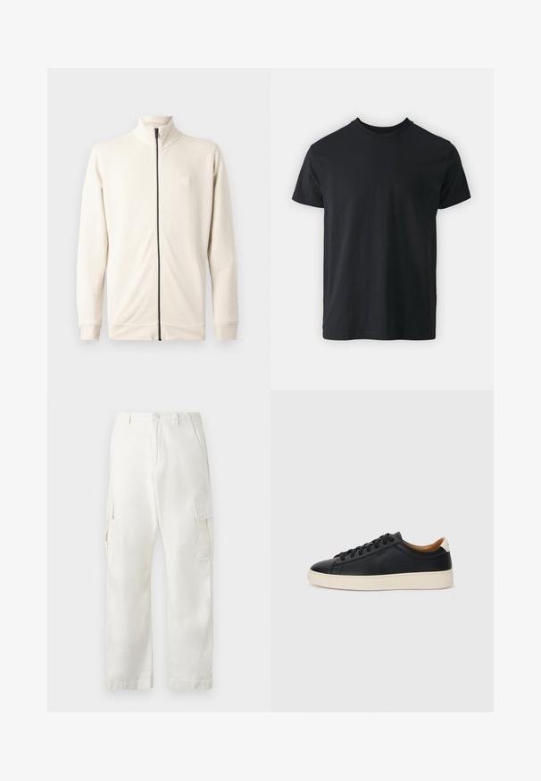 Világos bézs színű zipzáras kapucnis pulóver, magas nyakkal, hosszú ujjakkal és kis logóval a mellrészen. Puha, texturált anyagból készült.; Fekete pamut, rövid ujjú póló, kerek nyakkivágással és laza szabással. Sima textúra és egyenes szegély, látható grafikák vagy minták nélkül.; Fehér vászon cargo nadrág, egyenes szabással, két oldalsó zsebbel és két cargo zsebbel a combokon.; Fekete bőr sportcipők sima felülettel, bézs gumitalppal, fűzős dizájnnal és kontrasztos sarkú akcentussal.