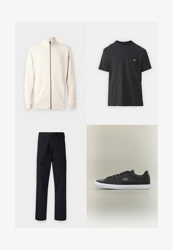 Svetlo bež zip-up majica s visokim ovratnikom, dolgimi rokavi in majhnim logotipom na prsih. Narejena iz mehkega, teksturiranega materiala.; Črna bombažna majica s kratkimi rokavi, okroglo ovratnikom in majhnim zelenim logotipom na levem žepu. Preprost dizajn, redna prileganje.; Črne cargo hlače iz trpežnega blaga, z ravnim krojem, dvema stranskima žepoma in gumbom za zapiranje na pasu.; Črne usnjene superge z belo gumijasto podplatom, z zelenim krokodiljim logotipom in okroglimi vezalkami, elegantna zasnova z gladko teksturo.