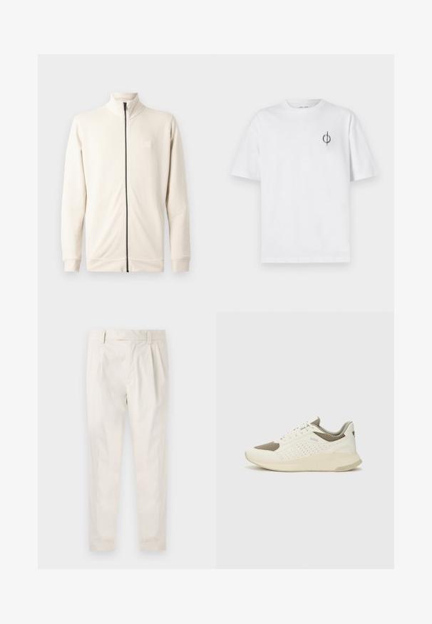 Šviesiai smėlinės spalvos zip-up švarkas su aukšta apykakle, ilgomis rankovėmis ir mažuoju logotipu ant krūtinės. Pagamintas iš minkštos, tekstūruotos medžiagos.; Balta medvilninė marškinė su laisvu siluetu, su mažą juodą grafiką logotipą kairėje krūtinės pusėje. Trumpomis rankovėmis, apvaliu kaklu.; Balti, susiūtos kelnes, turinčios pritaikytą siluetą, pasižyminčias lygia tekstūra, dirželio kilpomis ir siaurėjančiomis kojomis. Nėra matomų kišenių ar raštų.; Baltas ir šviesiai bežinis sportinis kedas, su tinklo viršumi, perforuotais detalėmis ir tekstūruotu tarpine su logotipu ant kulno.