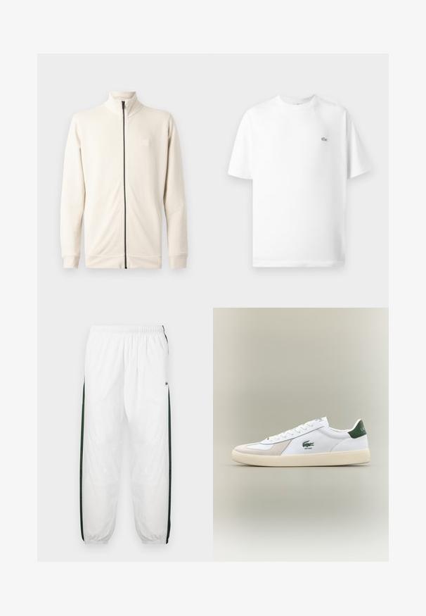 Világos bézs színű zipzáras kapucnis pulóver, magas nyakkal, hosszú ujjakkal és kis logóval a mellrészen. Puha, texturált anyagból készült.; Fehér pamut póló kerek nyakkal és rövid ujjakkal. Kicsi fekete Lacoste logó látható a mellkas bal oldalán.; Fehér sportnadrág sötétzöld oldalpanelekkel. Könnyű anyagból készült, rugalmas derékkal és gumis szegéllyel. Az oldalpaneleken hálós textúra található.; Fehér sportcipő zöld részletekkel, velúr és bőr anyagból, kerek orral, texturált talppal, és hímzett logóval az oldalon és a nyelvén.