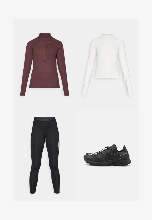 Burgundia pikkade varrukatega topp kõrge kraega, eespool poole tõmblukuga, ribakujundusega ja peenelt istuv disain. Sobib aktiivrõivaste kihiliseks kandmiseks.; Pikem varrukatega valge sportlik särk, millel on vale kaelus ja väike keskne logo rinnal, esitatud ühetoonilisel taustal.; Mustad musta sportlikud retuusid, millel on tihe vorm ja veniv materjal. Omavad külje taskuid ning valget "TERREX" brändingut.; Mustad mustarunnakingad tekstuuriga ülemise osa, võrkpaneelide ja kindla kinnitussüsteemiga. Omab robustset talda haardeks.