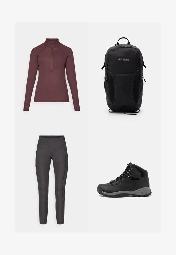 Burgundy long-sleeve top with a high collar, front half-zip, ribbed texture, and fitted design. Suitable for layering in activewear.; Black Columbia t-shirt with white circular mountain and river line art and text "Columbia Sportswear Company Outside Since 1938."; High-waisted leggings in dark grey, made from textured fabric. Features a fitted design and side pockets for storage.; Black hiking boot with a mid-top design, featuring a textured upper, gray accents, and durable rubber sole with traction lugs.; Black Columbia Titanium backpack with a smooth fabric texture, side pockets, top handle, and adjustable straps. Minimalist design with subtle branding.
