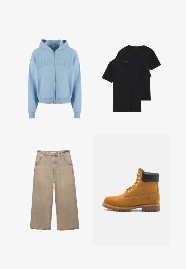 Svijetloplava zip majica s kapuljačom izrađena od mekanog materijala, s velikim izvezenim logotipom "KARL KANI" na grudima, prednjim džepovima i rebrastim rubovima.; Dvoje crnih pamučnih majica s kratkim rukavima, okruglim izrezom i glatkom teksturom, prikazanih n stacked. ; PULL&BEAR MEGA BAGGY - Vrećaste traperice - light grey; Antracitne antilop čizme do gležnjeva s crnim podstavljenim ovratnikom, zlatnim metalnim rupicama, bijelim šavovima i robusnom gumenom potplatom s izraženim šarama.