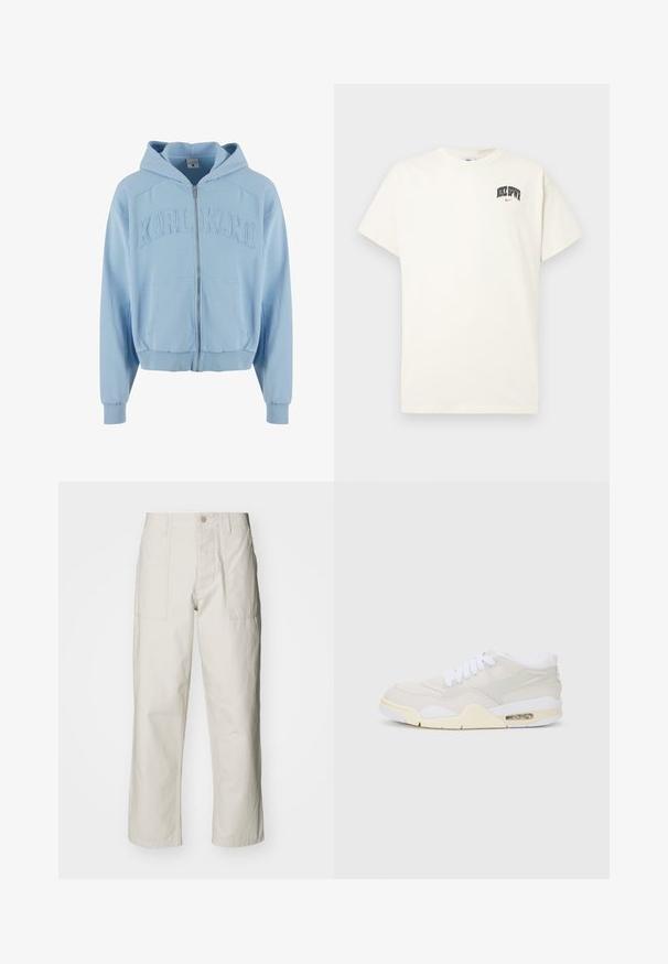 Light blue zip-up hoodie made of soft fabric, featuring a large embroidered "KARL KANI" logo on the chest, front pockets, and ribbed cuffs.; Cream-colored cotton t-shirt with short sleeves, featuring "NIKE SB" in black and red text on the chest. Standard round neckline.; Light beige wide-leg pants made of cotton. Features front pockets and a button closure. Smooth texture with subtle vertical lines.; Sneakers with a light beige synthetic upper, white laces, and visible cushioning. Features a smooth sole and subtle side accents.