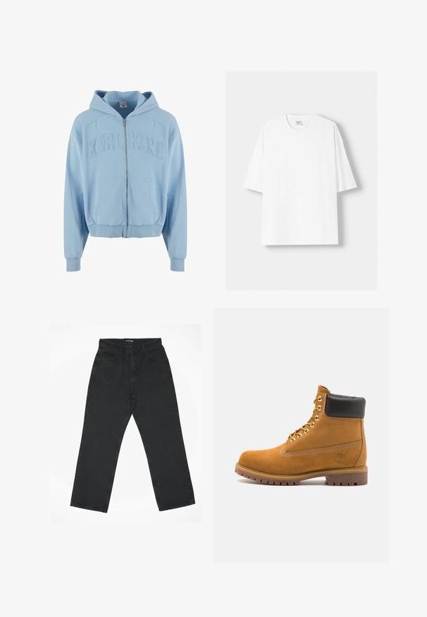 Felpa con zip di colore azzurro chiaro realizzata in tessuto morbido, dotata di un grande logo ricamato "KARL KANI" sul petto, tasche frontali e polsini a costine.; T-shirt bianco a maniche corte realizzato in cotone, con scollatura rotonda e vestibilità rilassata. Texture liscia, senza motivi o dettagli visibili.; Jeans neri a vita alta dritti con tasche anteriori e chiusura a bottone, distesi su uno sfondo bianco.; Stivale alla caviglia in suede tan con collare imbottito nero, occhielli in metallo dorato, dettagli in cucitura bianca e suola in gomma robusta con battistrada pronunciato.