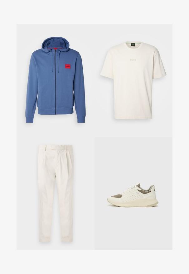 Hugo mikina na zips v svetlom modrom prevedení. Obsahuje červenú nášivku s logom, kapucňu na stiahnuť a rebrované manžety. Mäkko šitá z jemnej tkaniny s hladkým povrchom.; BOSS TEE - Základné tričko - open white; Biele plisované nohavice s prispôsobeným strihom, s hladkou textúrou, pútkami na opasok a zúženými nohavicami. Žiadne viditeľné vrecká ani vzory.; Biele a svetlo béžové športové tenisky s hornou časťou z mriežkového materiálu, perforovanými detailmi a textúrovanou medzipodrážkou s logom na päte.