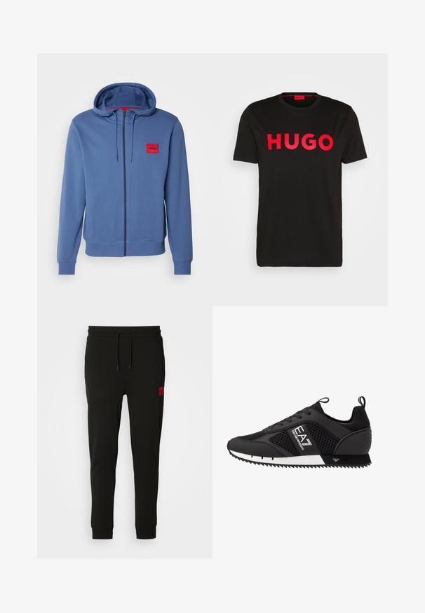 Hugo zip-up hoodie v svetlo modri barvi. Ima rdeč logotip, kapuco z vrvico in rebraste manšete. Mehka tkanina z gladko teksturo.; Črna bombažna majica s poudarjenim rdečim napisom "HUGO" spredaj, kratkimi rokavi, okroglo ovratnikom in sproščenim krojem.; Črne trenirke iz mehkega blaga, z vrvico v pasu, ozkega kroja in rdečim logotipom na levem stegnu.; EA7 Emporio Armani Športni copati - black/white