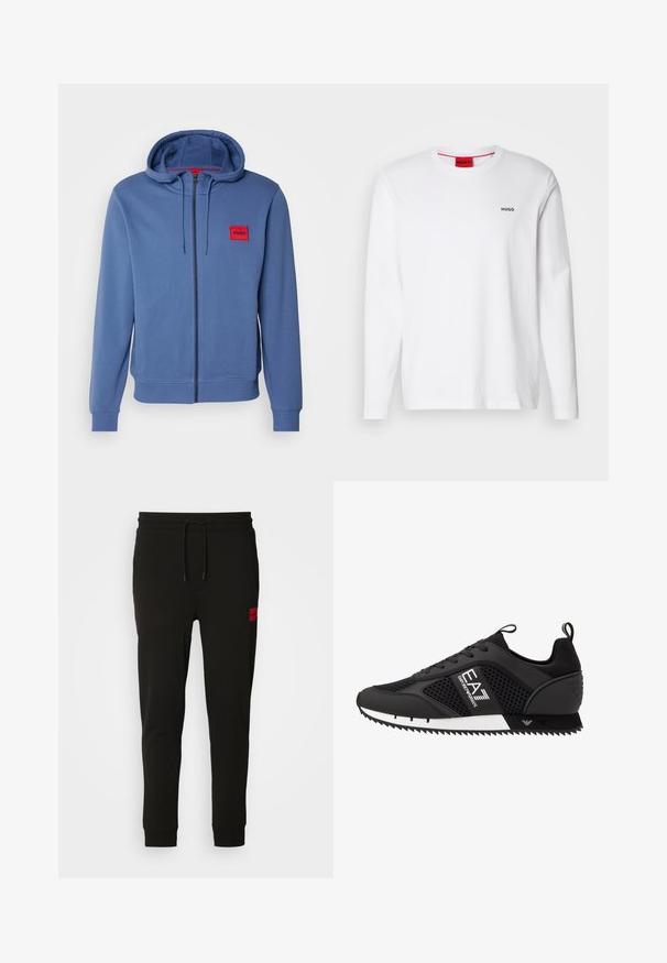 Hugo zilā krāsā ar rāvējslēdzēju un kapuci. Aprīkots ar sarkanu logotipa uzlīmi, savelkamu kapuci un ribotām piedurknēm. Mīksta auduma ar gludu tekstūru.; Balts garo piedurkņu krekls no kokvilnas, ar apaļu kakla izgriezumu, melnu "HUGO" logotipu kreisajā krūtī un gludu tekstūru.; Melni sporta bikses, kas izgatavotas no mīksta auduma, ar regulējamu jostasvietu, šauru piegriezumu un sarkanu logo uz kreisā augšstilba.; EA7 Emporio Armani Treniņu apavi - black/white