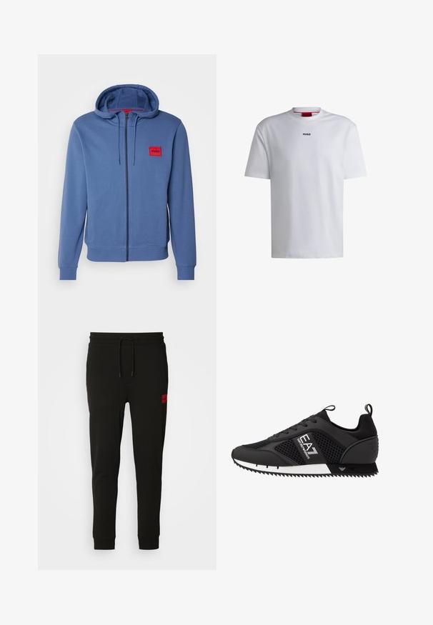 Lichtblauwe Hugo zip-up hoodie. Voorzien van een rode logo patch, een capuchon met trekkoord en geribde manchetten. Zacht materiaal met een gladde textuur.; Witte katoenen t-shirt met korte mouwen, ronde halslijn en een zwart "HUGO" logo op de borst. Gladde textuur, casual pasvorm, geen patronen.; Zwarte sweatpants van zacht stof, met een koord in de taille, een slim fit en een rood logopatch op de linker dij.; EA7 Emporio Armani Sneakers laag - black/white