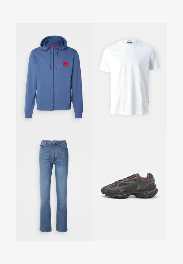 Hugo užtraukiama hoodie šviesiai mėlynos spalvos. Yra raudona logotipo etikete, raištelių kapišonas ir subalansuoti manžetai. Minkšta medžiaga su lygiu paviršiumi.; Balta medvilninė marškinėlių su trumpomis rankovėmis, su subtiliu iškiliu "Joop!" logotipu ant krūtinės ir tiesia apačia.; Mėlyni džinsai su aukštu liemeniu, tiesaus kirpimo dizainu ir subtiliu išblukimu. Turi klasikinį penkių kišenių stilių ir užtrauktuko uždarymą.; Lacoste sportbačiai tamsiai pilki, pagaminti iš tinklinės ir sintetinių medžiagų, su tekstūruotu padu ir rudomis detalėmis ant apykaklės bei prekės ženklo.