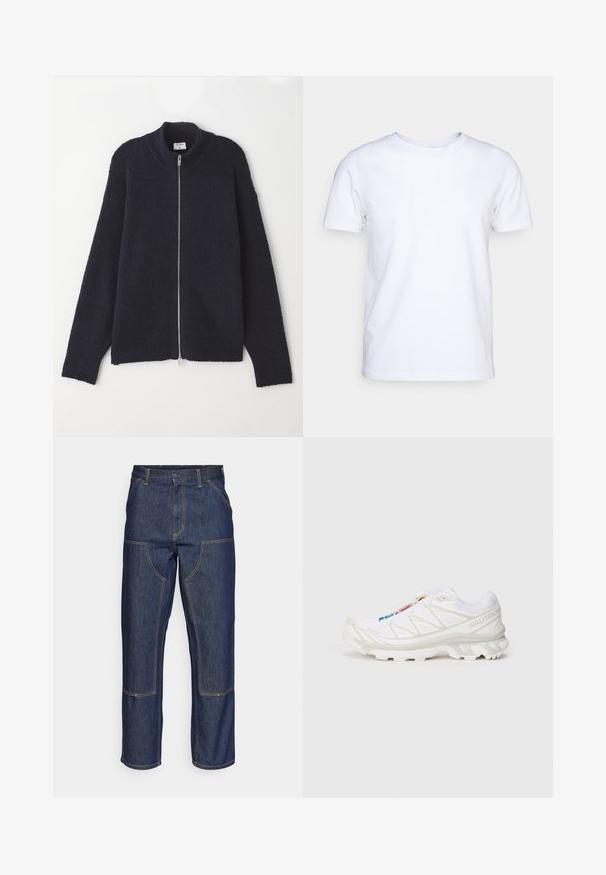 Laivyno mėlynos spalvos užtrauktukas megztinis su tekstūruotu megztiniu, raištelių apykakle ir rankogaliais, laisva silueto forma ir sidabriniu užtrauktuku.; Balta trumpomis rankovėmis marškinėliai, pagaminti iš medvilnės audinio, su apvaliu kaklu. Paprastas dizainas be raštų ar akcentų. Lygi tekstūra.; Tamsiai mėlynos džinsinės kelnes su aukštu liemeniu, tiesaus kirpimo dizainu, kontrastinėmis siūlėmis ir kišenėmis priekyje.; Baltas sportinis batelis su tekstūruotu tinkliniu viršumi, atspindinčiais akcentais ir paminkštintu padu. Išskirtinis prekės ženklo logotipas šone.
