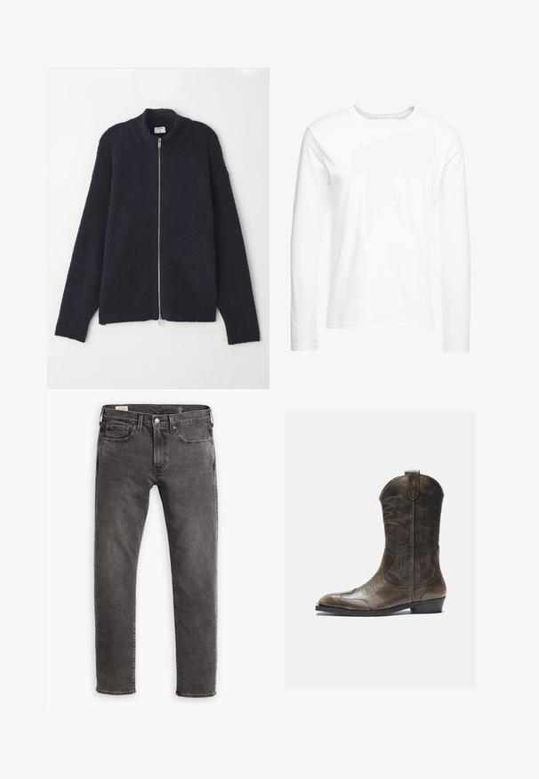 Tengerészkék zipzáras pulóver texturált kötött mintával, bordás nyakkal és fogóval, laza fazonnal és ezüst színű zipzárral.; Hosszúujjú, puha pamutból készült fehér póló. Kerek nyakú, egyenes szegésekkel, látható minták vagy grafikák nélkül.; Szürke farmernadrág egyenes szabással, öt zsebbel és gombos zárással. Finom fakulás és tónusos varrás jellemzi.; Barna bőr cowboy csizma magas szárral, hegyes orral, bonyolult varrási mintákkal és kis sarokkal. Az egész felületén texturált befejezés.