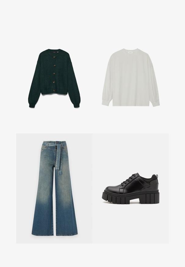 Tamsiai žalias megztas kardiganas su apvalia iškirpte, su šešiais dideliais rudu mygtukais ir ribotais rankogaliais bei apačia.; Šviesiai pilkas ilgomis rankovėmis marškinėliai, pagaminti iš minkštos medvilnės. Sukurtas laisvam prigludimui, apvaliu iškirpimu ir švelniai susigūžusiomis rankovėmis. Be raštų ar piešinių.; Platus džinsinis kelnes su šviesiai tamsiai mėlynu gradientu, aukštu juosmeniu, diržo kilpomis ir atitinkančiu audinio diržu. Textūruotas džinsinis paviršius.; Juodi odiniai platformos batai su masyviu blokuota kulniuku, apvalia nosimi ir tradiciniu šnypštimo dizainu. Turintys glotnų paviršių ir minimalų dekoravimą.