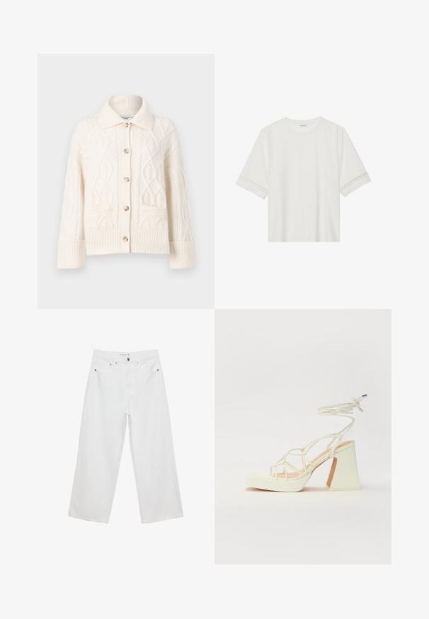 Krémová pletená kardigán s zložitými kabelovými vzormi, golierom, zapínaním na gombíky a rebrovanými manžetami a lemom.; Biele tričko s krátkym rukávom vyrobené z bavlny, s dekoratívnym čipkovým lemovaním pozdĺž rukávov a okrúhlym výstrihom.; Biele široké džínsy z denimu s vysokým pásom, vybavené piatimi vreckami a kovovými doplnkami. Hladká textúra, žiadne viditeľné vzory.; Biele sandále na vysokom opätku s hrubým podpätkom, s pruhovaným dizajnom a viazaním na členku. Hladký povrch s platformou vpredu pre zvýšenú výšku.