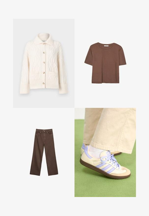 Světle krémový pletený kardigan s propracovanými copánkovými vzory, límečkovým výstřihem, zapínáním na knoflíky a žebrovanými manžetami a lemem.; Hnědé tričko s krátkým rukávem vyrobené z měkké látky, s kulatým výstřihem a volným střihem. Bez viditelných vzorů nebo dekorací.; Hnědé džíny s širokými nohavicemi vyrobené z denimu, s vysokým pasem, předními kapsami a klasickým zapínáním na knoflík. Hladká textura s jemným švem.; Krémové a levandulové tenisky se třemi pruhy a texturovanou hnědou podrážkou, vybavené tkaničkami a polstrovanou patou. Měkký textilní svršek.