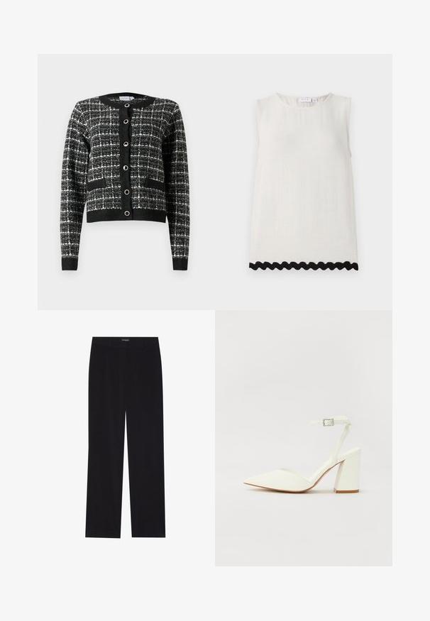 Cardigan a righe bianco e nero con scollatura rotonda, chiusura anteriore a bottoni, due tasche e polsini a costine, realizzato in tessuto testurizzato.; Top senza maniche in lino crema con scollatura rotonda e tessuto testurizzato; presenta un orlo con bordo scallop nero.; Pantaloni in corduroy neri con taglio dritto, dotati di vita piatta e senza tasche visibili, texture liscia e dettaglio a righe verticali.; Sandalini bianchi con tacco a spillo, punta affusolata, cinturino alla caviglia regolabile e tacco quadrato spesso. Texture liscia con dettagli di cucitura minimi.