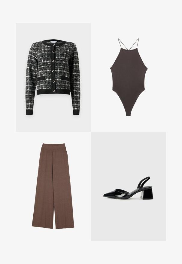 Schwarz-weißer gemusterter Cardigan mit rundem Ausschnitt, vorderer Knopfleiste, zwei Taschen und gerippten Bündchen, aus strukturiertem Stoff gefertigt.; Brauner, hochgeschlossener Badeanzug mit dünnen, verstellbaren Trägern; zeichnet sich durch einen hohen Beinschnitt und eine glatte Textur aus. Keine Muster oder Verzierungen.; Weite Hosen aus einem strukturierten, gerippten Stoff in warmem Braun. Mit einem nahtlosen Bund und fließender Silhouette.; Schwarze Lackleder-Slingback-High Heels mit spitzem Schuh und einem geometrischen Blockabsatz. Verfügt über ein schlankes, minimalistisches Design und eine glatte Textur.