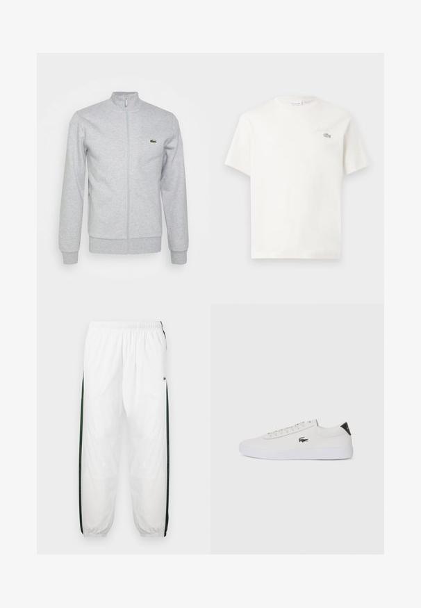 Světle šedá zapínací bunda vyrobená z měkké tkaniny, s upraveným límcem a žebrovanými manžetami. Na levé hrudi je malé zelené logo.; Bílá bavlněná tričko s krátkými rukávy, s jemně vyšitým logem a minimalistickým designem. Měkká textura, kulatý výstřih.; Bílé tepláky s tmavě zelenými postranními panely. Lehký materiál, elastický pas a stahované lemy. Obsahují síťovanou texturu na postranních panelech.; Bílé kožené tenisky s kulatou špičkou, šněrováním vpředu a černým akcentem na patě. Na boku se nachází malé vyšívané logo krokodýla.