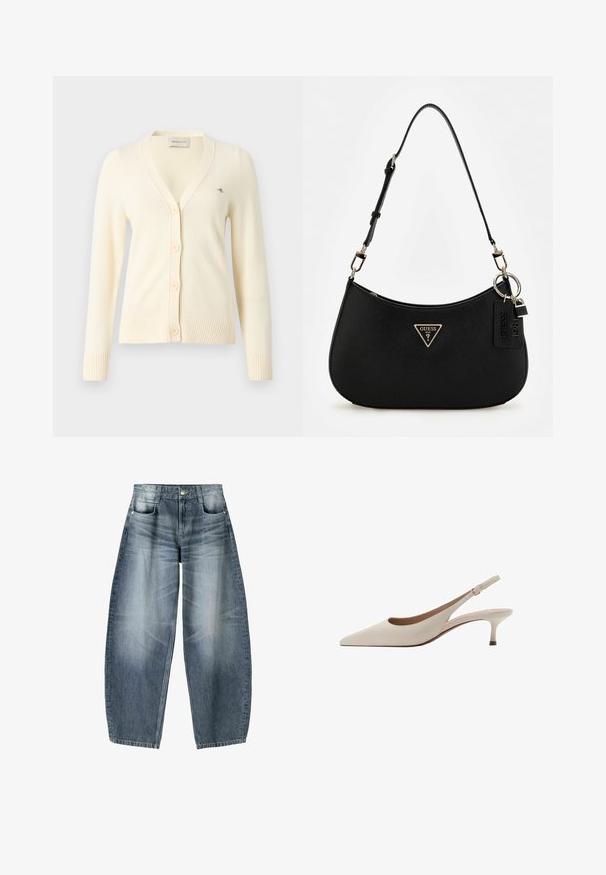 Krämfärgad cardigan i mjukt stickat material, med djup V-ringning, fem knappar, ribbade mudd och en liten logotyp på vänster sida.; En enkel vit t-shirt i bomull med rund halsringning, korta ärmar och en avslappnad passform. Slät textur utan mönster eller detaljer.; Vidjeans i ljusblå denim med blekningar, som har en femficksdesign, knappgylf och minimala sömnadsdetaljer.; Beige slingbackklackar med spetsig tå och en låg, utsvängd klack. Tillverkade av slätt läder med en minimalistisk design och justerbar rem.; Svart syntetisk axelväska med en rundad siluett, strukturerad yta, guldtriangel-logotyp och avtagbara hårdvaruaccentuer.