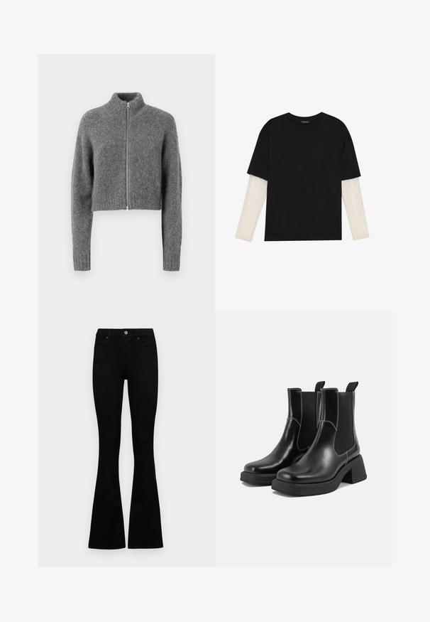 Samsøe Samsøe JEANNE CARDIGAN - Cardigan - iron gate; Black T-shirt made of cotton, featuring short sleeves over a white long-sleeve layer with a subtle textured pattern. Crew neckline design.; Black high-waist jeans with a button and zip closure, front pockets, and flared legs laid flat on a white background.; Black leather Chelsea boots with a chunky heel, elastic side panels, and contrasting white stitching. Textured finish.