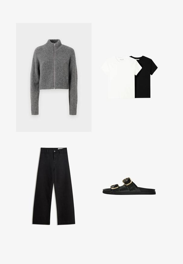 Samsøe Samsøe JEANNE CARDIGAN - Kardigán - iron gate; Dve tričko s krátkym rukávom, jedno biele a jedno čierne, vyrobené z bavlny. Obe majú okrúhly výstrih a jednoduchý, klasický dizajn.; Čierne denimové nohavice s širokými nohavicami a vysokým pásom, so prednými a zadnými vreckami, šitými švami a zapínaním na gombík. Hladká textúra.; Čierne šľapky s dvoma zlatými prackami, hladký textúrovaný materiál, plochá podrážka a minimalistický dizajn.