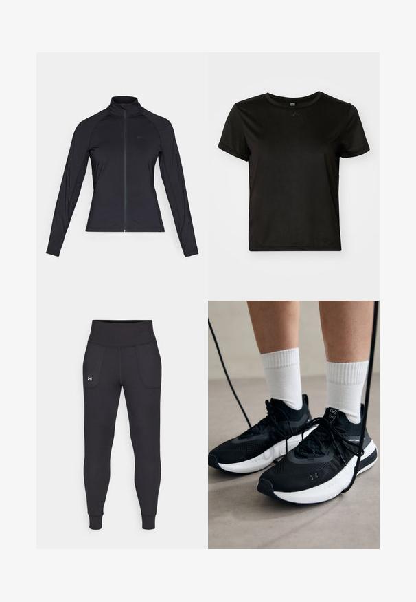 Juodas ilgomis rankovėmis, su užtrauktuku, striukė su aukštu apykakle, pagaminta iš lygaus, tamprumo turinčio audinio, su raglano tipo rankovėmis ir minimalistiniu logotipu.; Juodas trumpomis rankovėmis marškinėliai, pagaminti iš lygios medžiagos, su apvaliais iškirpimais ir laisvu siluetu. Turi minimalų dizaino akcentą.; Juodos sportinės leginsai, pagaminti iš tamprių medžiagų, su aukštu juosmeniu, šoninėmis kišenėmis ir priglundančiomis blauzdų manžetėmis.; Juodi sportiniai batai su tekstūruotu audiniu, balta padu ir juodais raiščiais. Dėvimi su baltais raištiniais kojiniais, stovint lengvame paviršiuje.