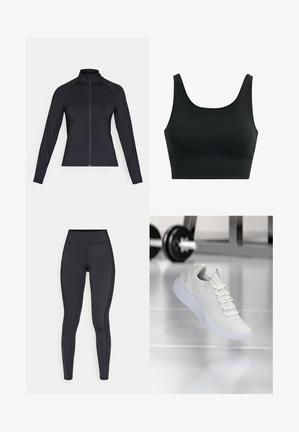 Black long-sleeve zip-up jacket with a high collar, made of smooth, stretchable material, featuring raglan sleeves and a minimal logo.; Black sports bra made of smooth fabric, featuring a scoop neck, wide straps, and seamless design with a curved hemline.; Black leggings made from stretchy material. High-rise waistband, smooth texture, featuring patterned accents at the lower leg.; White athletic sneaker with a textured mesh upper and lacing system, featuring a cushioned white sole and subtle ribbed accents.