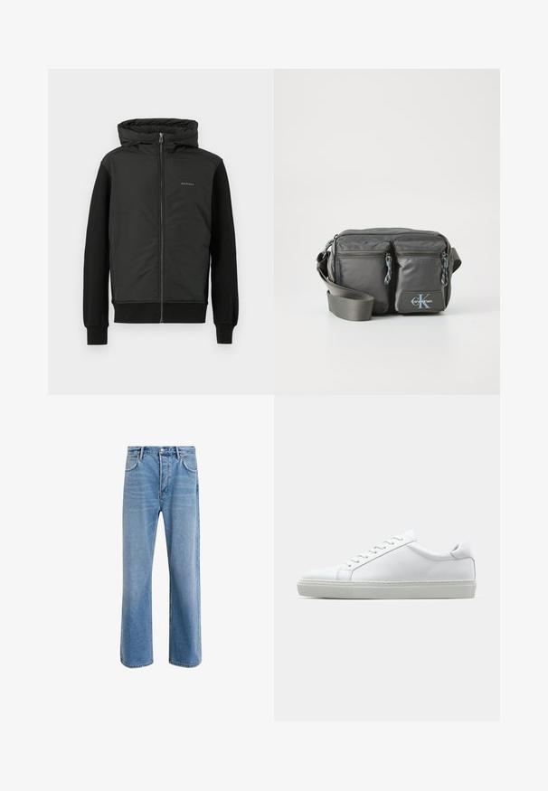 Černá bunda s kapucí, zipem vpředu a kombinací polstrované a mikinové tkaniny. Obsahuje žebrované manžety a logo na hrudi.; Halenka s dlouhým rukávem a stojáčkem z jemné krémové bavlny. Hladký povrch, volný střih, minimalistický design, bez viditelných vzorů nebo akcentů.; Světle modré džínové kalhoty s rovnými nohavicemi, pěti kapsami, zapínáním na knoflík, minimálním vyblednutím a kontrastním prošitím.; Bílé tenisky s hladkým koženým svrškem a nízkým profilem. Mají zaoblenou špičku, šest nýtů a texturovanou gumovou podrážku.; Šedá nylonová crossbody taška s dvěma zipovými předními kapsami, nastavitelným popruhem a logem. Hladká textura s moderním designem.