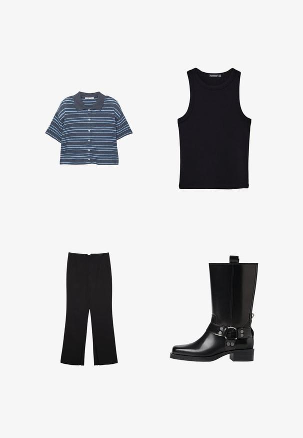 Košeľa na krátky rukáv, so zapínaním na gombíky, s tmavomodrými a svetlomodrými horizontálnymi pruhmi a tmavomodrým golierom, vystavená na bielom pozadí.; Čierny tank top vyrobený z bavlny, s okrúhlym výstrihom a širokými ramienkami. Hladká textúra so zošitými okrajmi. Klasický, minimalistický dizajn.; Čierne nohavice so strihom rovného strihu, s prednými vreckami a bočnými rozparkami na leme. Vyrobené z mäkkej, hladkej tkaniny. Vhodné na rôzne príležitosti.; Čierne kožené čižmy po kolená s špicatou špičkou, striebornými prackami a robustným podpätkom. Obsahujú pútko pre jednoduché obúvanie.
