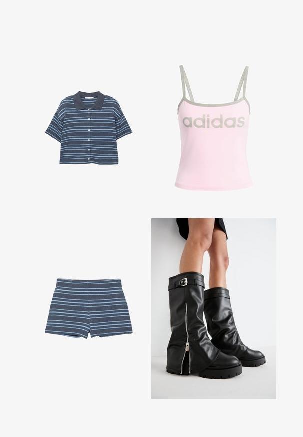 Koszula z krótkim rękawem, zapinana na guziki, w ciemnoniebieskie i jasnoniebieskie poziome paski oraz ciemnoniebieskim kołnierzykiem, wyeksponowana na białym tle.; Jasnoróżowy top na ramiączkach z szarymi wykończeniami i regulowanymi ramiączkami spaghetti, z dużym, centralnie umieszczonym szarym logo "adidas". Materiał bawełniany.; Ciemnoniebieskie dzianinowe szorty z jasnoniebieskimi poziomymi paskami, z dopasowanym pasem i długością do połowy uda.; Czarne skórzane kozaki do kolan o szerokiej cholewce, z bocznym zamkiem błyskawicznym i akcentem w postaci klamry, o teksturowanym wykończeniu i masywnej gumowej podeszwie.