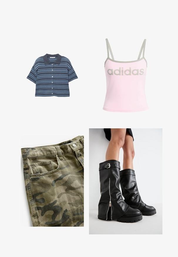Korte mouw, button-up shirt met donkerblauwe en lichtblauwe horizontale strepen en een donkerblauwe kraag, weergegeven op een witte achtergrond.; Lichtroze tanktop met grijze details en verstelbare spaghettibandjes, met een groot, gecentreerd grijs "adidas" logo. Katoenen materiaal.; Next Jeansshort - camo print; Zwarte leren kniehoge laarzen met een brede schacht, voorzien van een zijrits en een gespaccent, met een gestructureerde afwerking en een chunky rubberen zool.