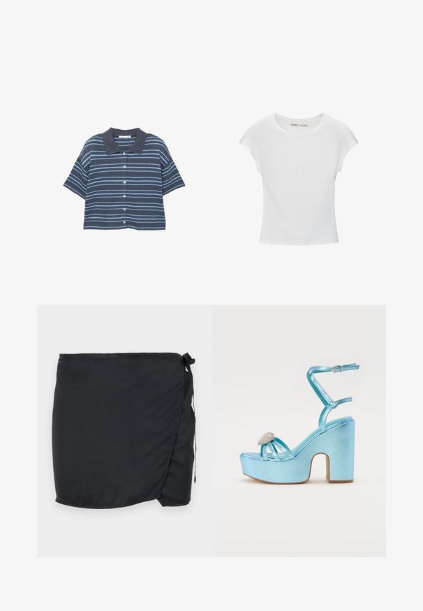 Rövid ujjú, gombos ing sötét és világoskék vízszintes csíkokkal, sötétkék gallérral, fehér háttér előtt bemutatva.; Fehér pamut póló kerek nyakkivágással, rövidujjakkal és testhez álló fazonnal. Simább textúra díszítések vagy minták nélkül.; Fekete úszószoknya átkötős dizájnnal, könnyű anyagból készült. Oldalsó megkötő csattal rendelkezik és sima textúrájú.; Kék fémes platform szandál vastag talppal, keresztezett pántokkal és ékszer díszítéssel a lábujjaknál.