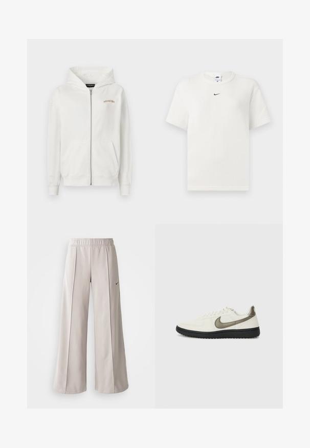 Balta zipui užsegama striukė, pagaminta iš minkštos medvilnės, su kengūros kišene, gumuotais rankogaliais ir mažuoju bežiniu siuvinėtu logotipu ant krūtinės.; Balta raukšlėta marškinėliai su apvaliu iškirpimu ir trumpomis rankovėmis. Ant krūtinės yra mažas juodas Nike logotipas. Audinys tekstūruotas, marškiniai tinka prie kūno.; Šviesiai pilki plačių kojų kelnės, pagamintos iš lygaus audinio. Turi elastingą juosmenį ir juodą Nike logotipą kairėje pusėje.; Nike Sportswear FIELD GENERAL - Sportbačiai - off-white/black