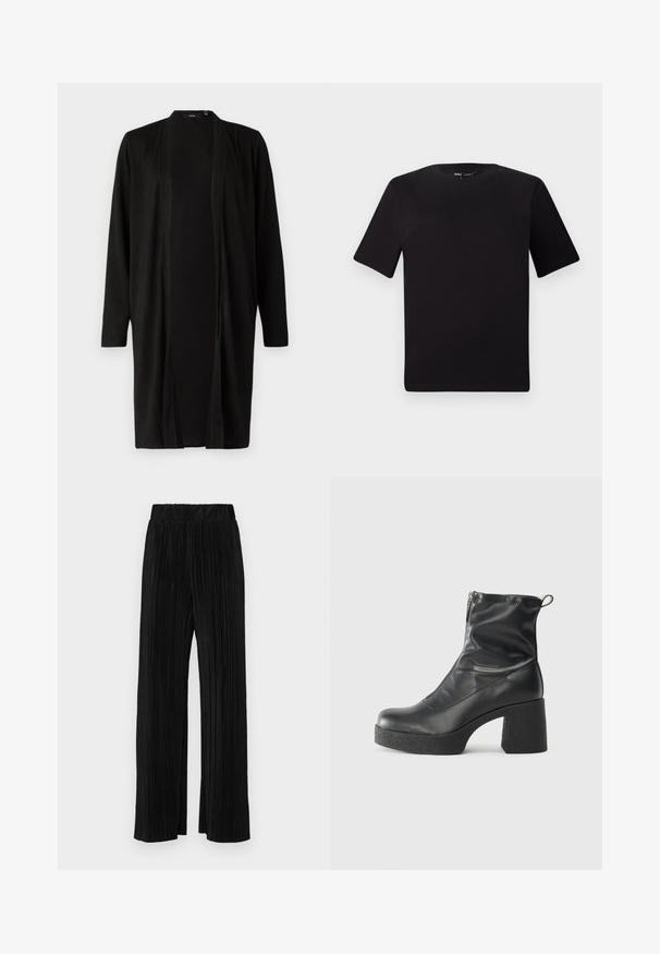 Fekete, hosszú kardigán, nyitott elülső résszel, hosszú ujjal és puha szövettextúrával. Minimalista dizájn jellemzi, minta vagy fémrészletek nélkül.; Fekete, rövid ujjú póló, kerek nyakkal, puha pamutból készült. Egyszerű dizájn, nincs látható logó vagy minta.; Fekete pliszírozott nadrág gumis derekkal. Széles lábakkal rendelkezik, sima, texturált anyagból készült, függőleges csíkokkal.; Fekete bokacsizmák sima bőrből, oldalsó cipzárral, vastag, texturált sarkú és lekerekített orrú dizájnnal.