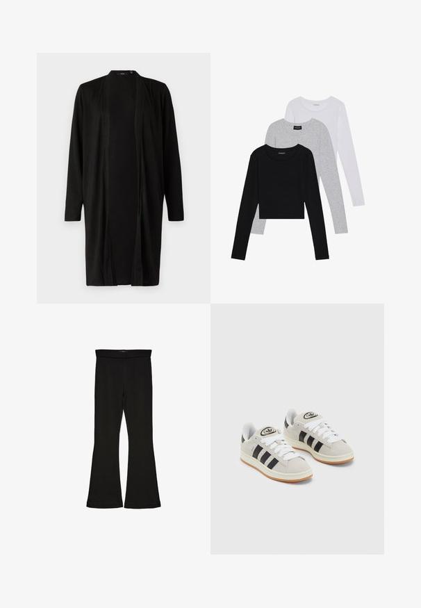 Cardigã preto, longo, com frente aberta, mangas longas e textura de tecido suave. Apresenta um design minimalista, sem padrões ou detalhes em metais.; Três camisetas de manga longa empilhadas: preta, cinza e branca. Cada uma tem um decote redondo e um design cropped, feitas de um tecido leve e suave.; Leggings pretos em flare feitos de um tecido elástico. Apresentam uma cintura larga e uma textura suave, com um silhueta ajustada que se alarga na bainha.; Tênis de camurça cinza com atacadores brancos, riscas pretas e uma sola de borracha branca. Apresenta um logótipo circular na língua e uma sola de borracha.